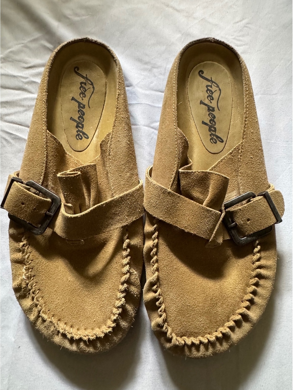 Free People After Riding Suede Mules Tan Boho Moc Toe Buckle Clogs Sz 8.5